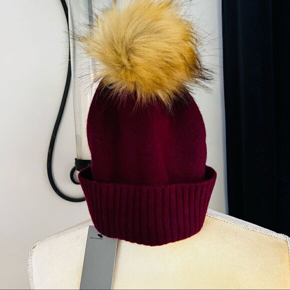 Nordstrom Faux Fur Cashmere Pompom Beanie, Burgundy, 100% Cashmere, NWT - Picture 5 of 12